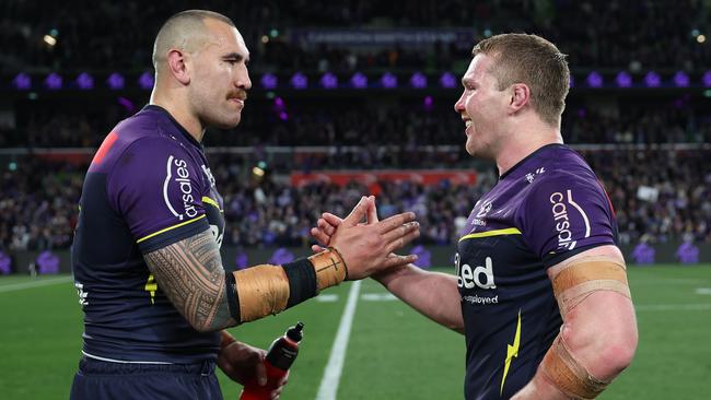 Nelson Asofa-Solomona and Josh King celebrate winning the preliminary final. Picture: Cameron Spencer/Getty Images