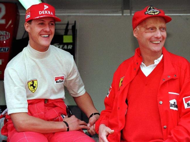 Michael Schumacher with fellow F1 legend Niki Lauda. Picture: Getty Images