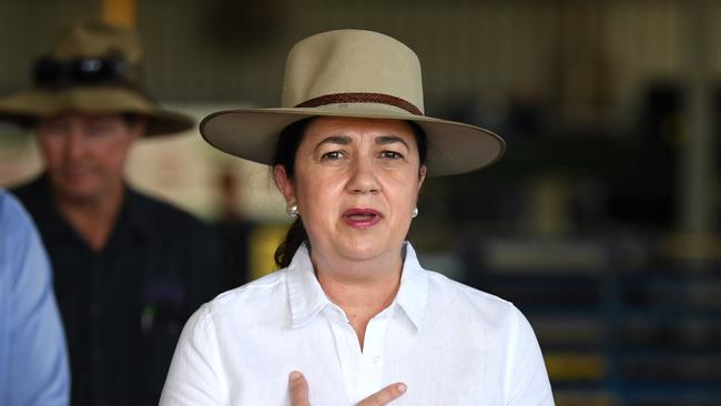 Queensland Premier Annastacia Palaszczuk speaks during a visit to Marto’s Mangoes near Bowen. Picture: NCA NewsWire / Dan Peled