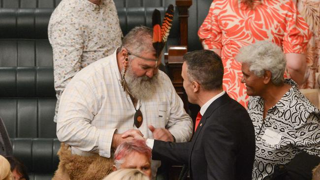 Indigenous leader Michael O’Brien congratulates Premier Peter Malinauskas after the Government of South Australia passes the nation’s first Voice to parliament. Picture: NCA NewsWire / Brenton Edwards