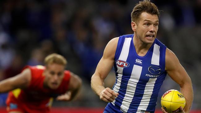 Kangaroos Shaun Higgins in action against  the Gold Coast Suns at Marvel Stadium. Picture:  Adam Trafford/Getty 