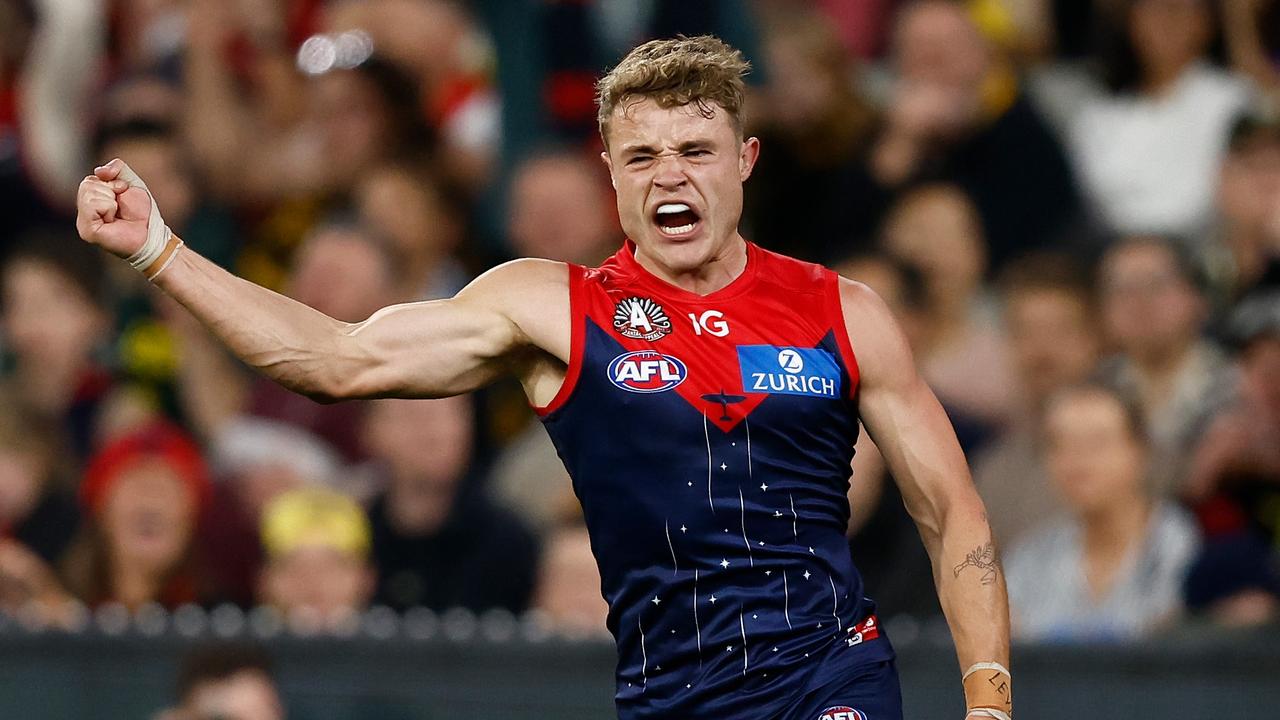 Kade Chandler celebrates one of his three goals. Picture: Michael Willson/AFL Photos via Getty Images