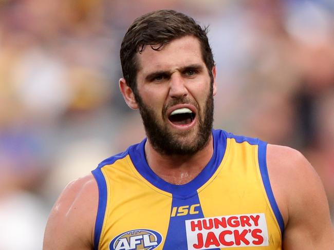 Jack Darling of the Eagles reacts after missing a goal  during the Round 19 AFL match between the West Coast Eagles and the North Melbourne Kangaroos at Optus Stadium in Perth, Saturday, July 27, 2019. (AAP Image/Richard Wainwright) NO ARCHIVING, EDITORIAL USE ONLY