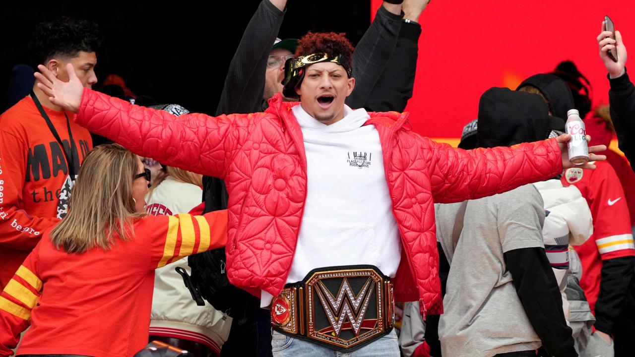 Patrick Mahomes celebrates during the Kansas City Chiefs Super Bowl LVII victory parade. Picture: AFP