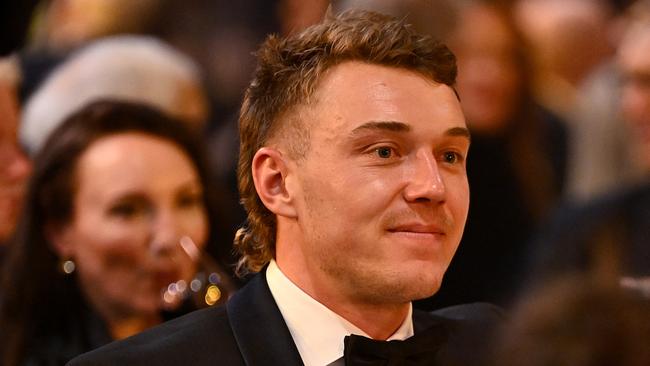 MELBOURNE, AUSTRALIA - SEPTEMBER 23: Patrick Cripps of the Carlton Blues reacts during the 2024 Brownlow Medal at Crown Palladium on September 23, 2024 in Melbourne, Australia. (Photo by Quinn Rooney/Getty Images)