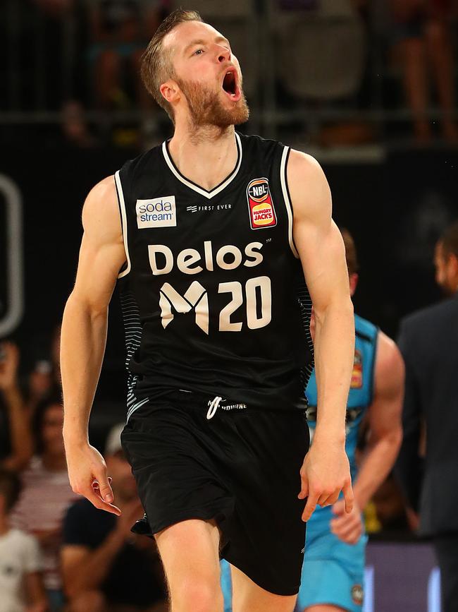 David Barlow celebrates a basket.