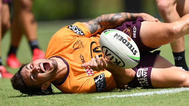 The moment Jack Birds knew he had re-torn his ACL at training. Picture: AAP.