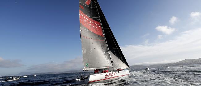 Wild Oats XI skippered by Mark Richards sails up the River Derwent on her way to a 9th line honours victory in the 2018 Sydney to Hobart Yacht Race. The yacht crossed the line in 1d 19hrs 7mins 21secs . Picture: RICHARD JUPE