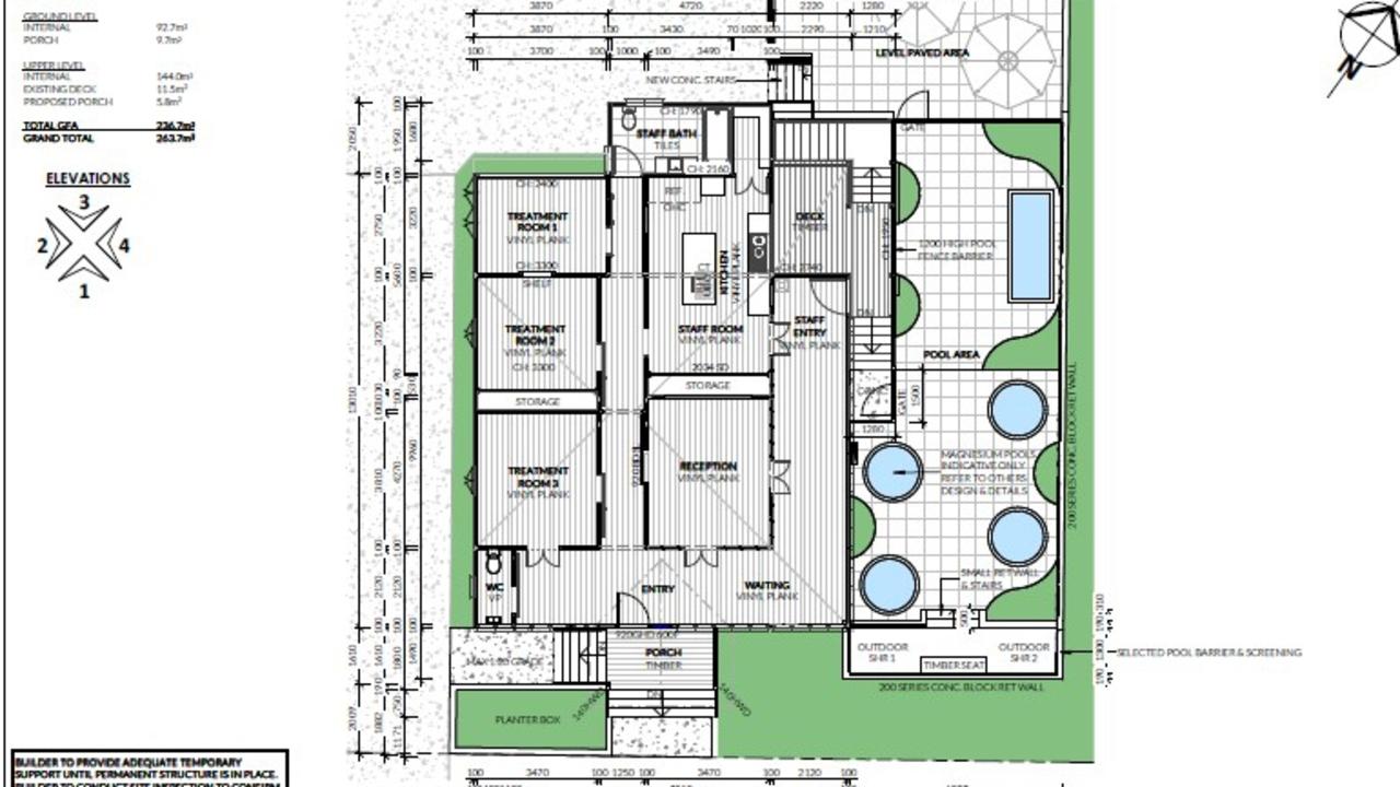 The second floor would include a pool area with several magnesium pools, a reception area, three treatment rooms, and a staff area.