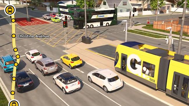 Artist impression of Gold Coast Light Rail Stage 3A route — council will control traffic signals.