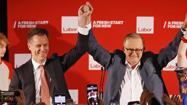 Chris Minns with Anthony Albanese after winning the March NSW election. Picture: Sam Ruttyn