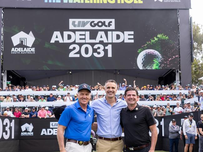 LIV Golf CEO, Scott O'Neil, LIV Golf Boardmember, Greg Norma and the Premier of South Australia, Peter Malinauskas pose for a photo on the 12th hole during the final round of LIV Golf Adelaide at Grange Golf Club on Sunday, February 16, 2025 in Adelaide, Australia. (Photo by Chris Trotman/LIV Golf)