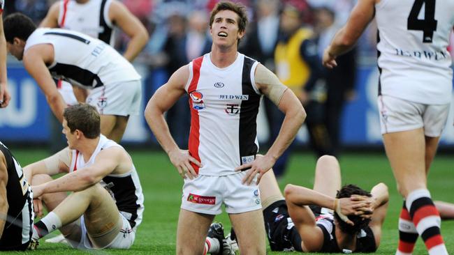 Lenny Hayes after the siren of the drawn 2010 Grand Final between St Kilda and Collingwood.