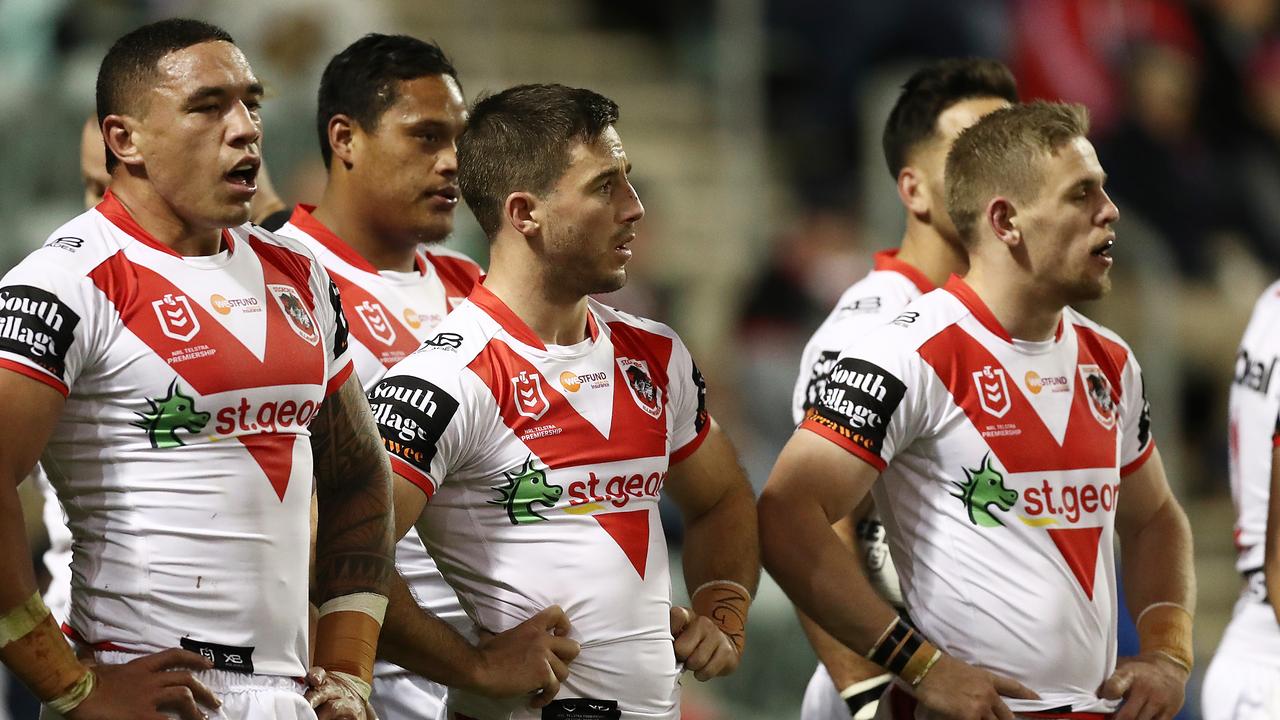 Dragons players look dejected after conceding a try during the loss to Canberra