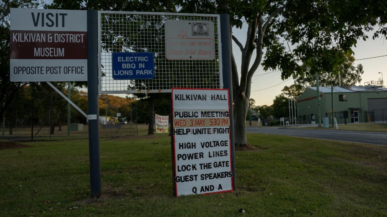 Kilkivan Action Group: Signs up in Kilkivan opposing Powerlink transmission lines. Picture: Christine Schindler