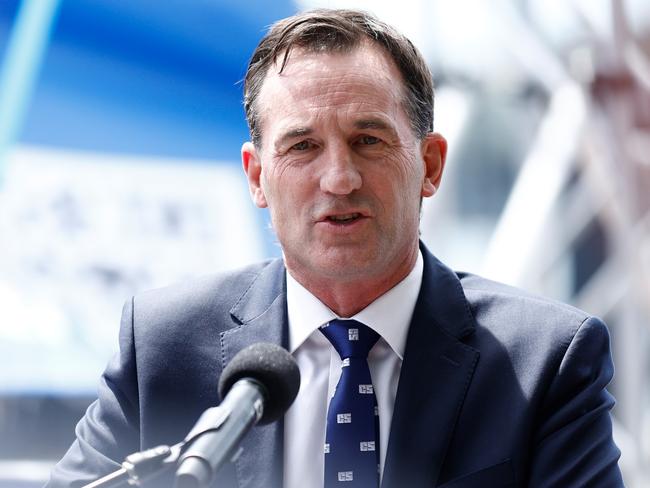 SYDNEY, AUSTRALIA - MARCH 06: Andrew Dillon, Chief Executive Officer of the AFL speaks with media during the Sydney Opening Round Media Opportunity at Circular Quay on March 06, 2024 in Sydney, Australia. (Photo by Michael Willson/AFL Photos via Getty Images)