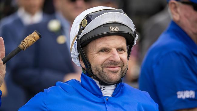 Jockey Larry Cassidy copped a headbutt from Luke Tarrant. Pic – AAP.