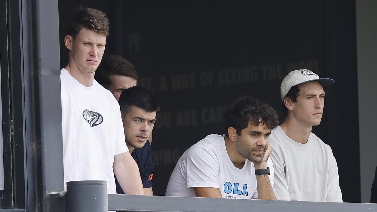 Sam Walsh (left), Jack Martin (second from right) and Caleb Marchbank (right) are among the first-choice Blues unavailable until at least round 3. Picture: Michael Klein