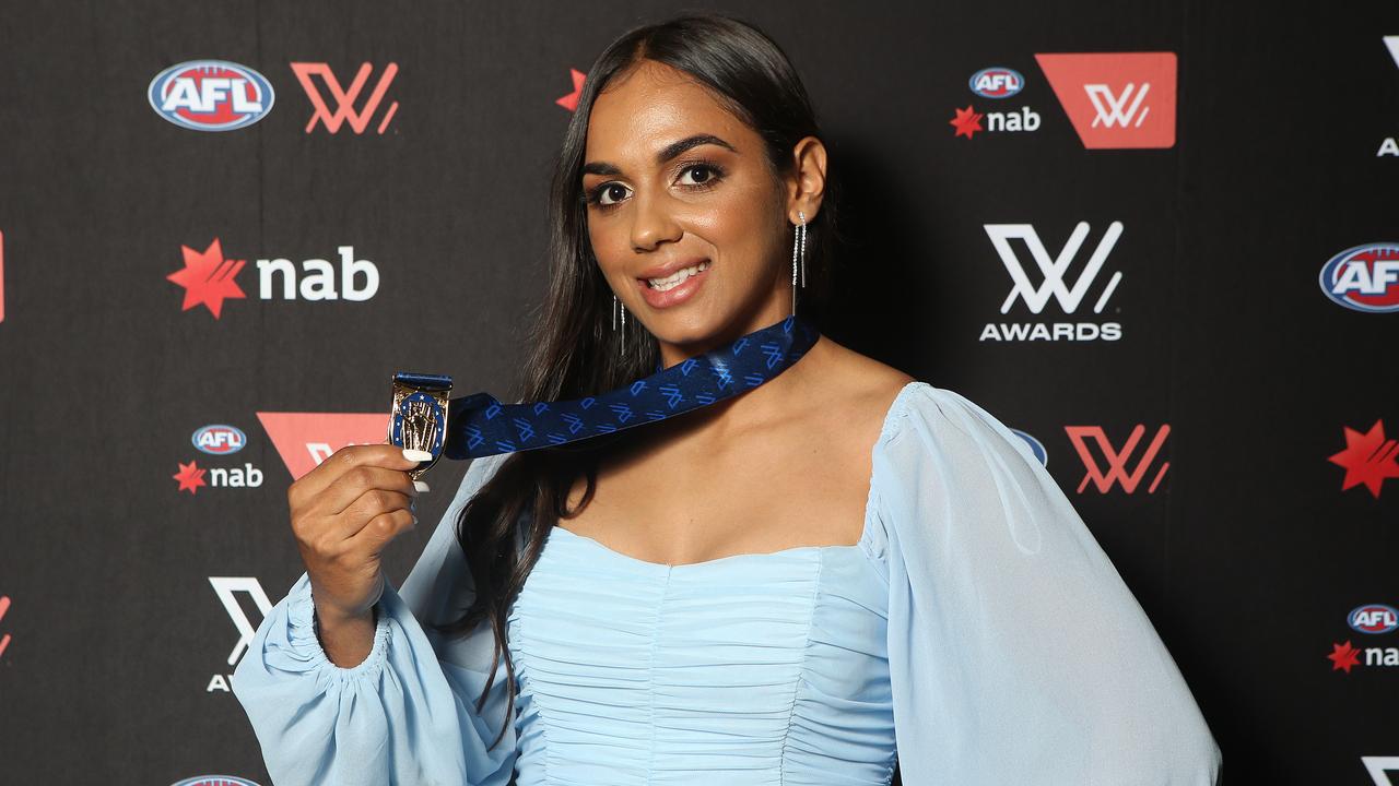 Courtney Hodder of the Brisbane Lions poses with her goal of the year medal during the 2021 AFLW W Awards at The Gabba on April 20, 2021 in Brisbane, Australia. (Photo by Jono Searle/Getty Images)