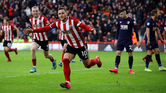 Sheffield United’s celebrates Billy Sharp his team's first goal against Bournemouth at Bramall Lane