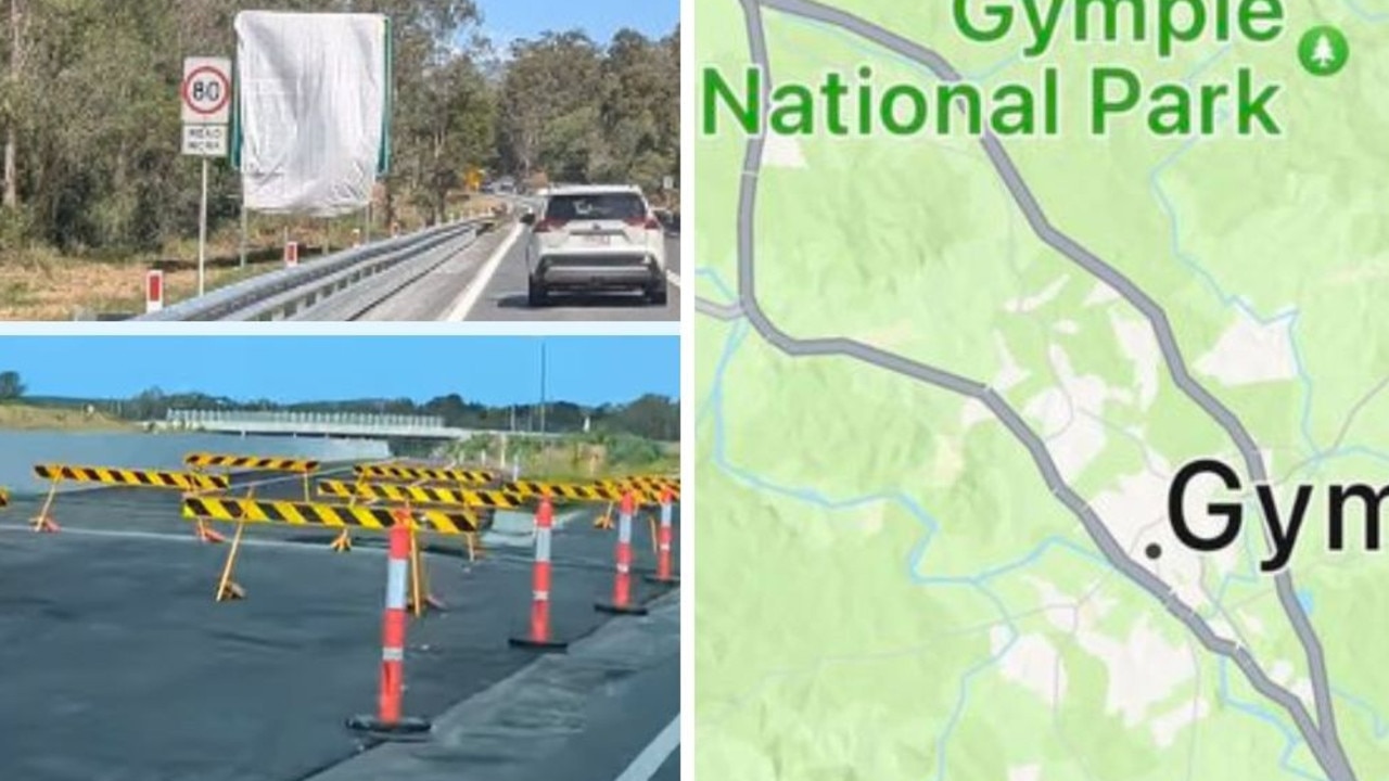 Changes heralding the long-awaited opening of the Gympie Bypass on the Bruce Highway continue to appear, including the new route appearing on some online maps, but clarity on when people will finally be able to drive the $1bn, 26km stretch remains elusive. Pictures: Bronwyn Janke, Facebook.