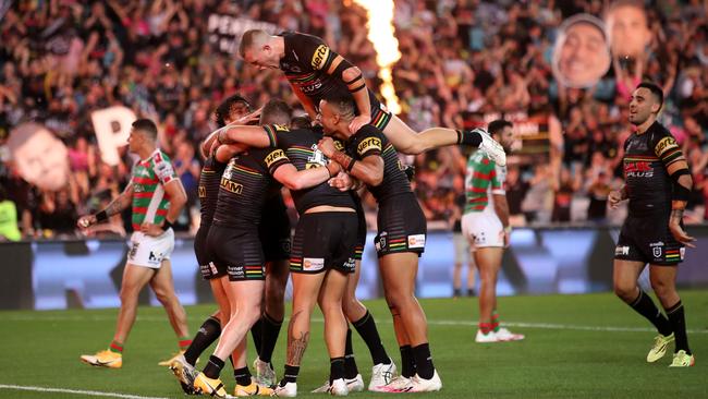 Dylan Edwards of the Panthers celebrates scoring a try during the NRL Preliminary Final. Picture: Getty Images