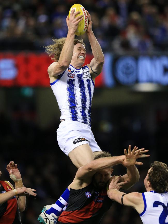 North Melbourne’s Ben Brown flies for a mark. Picture: Mark Stewart