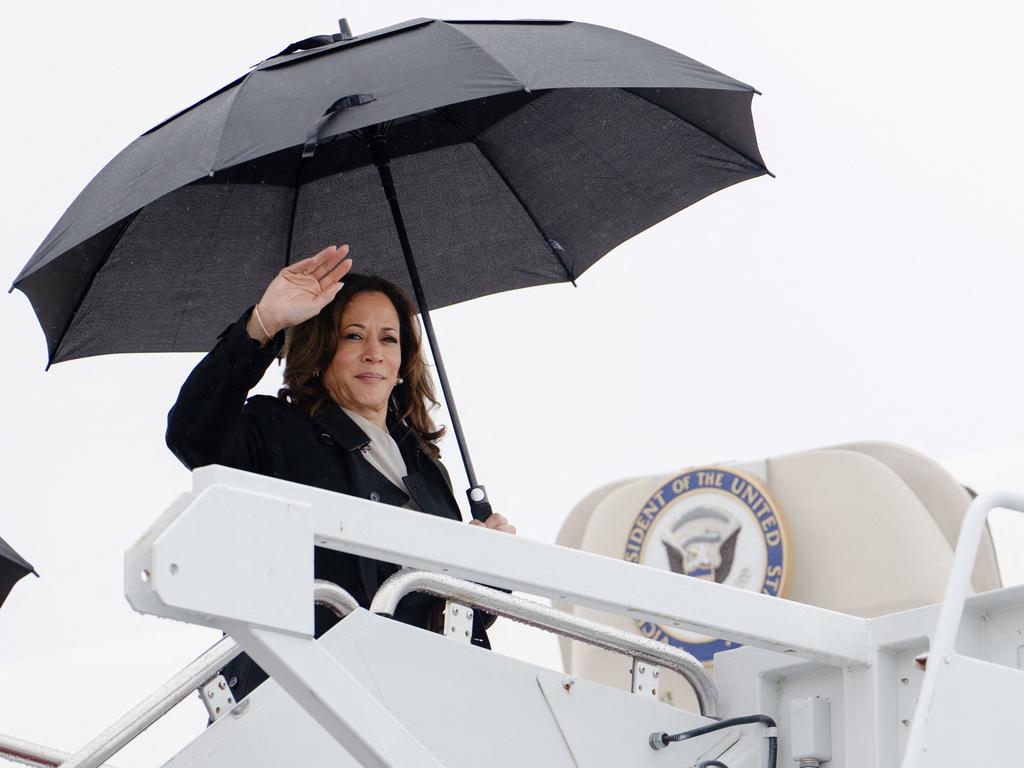 Vice President Kamala Harris waves as she boards air force Two at Joint Base Andrews in Maryland on her way to Wilmington, Delaware, to meet with campaign staff. Picture: AFP