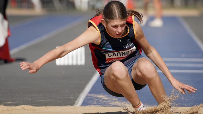 Little Athletics National Championships - At the SA Athletics Stadium, Mile End. SAÃs Ruby Carney competing in the Triple jump. 28 April 2024. Picture Dean Martin