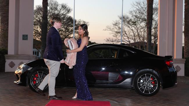 Phoebe Barnes, 17, and Cameron Anderson, 17, at the Ormeau Woods School formal at Links Resort, Hope Island. Picture: Glenn Hampson