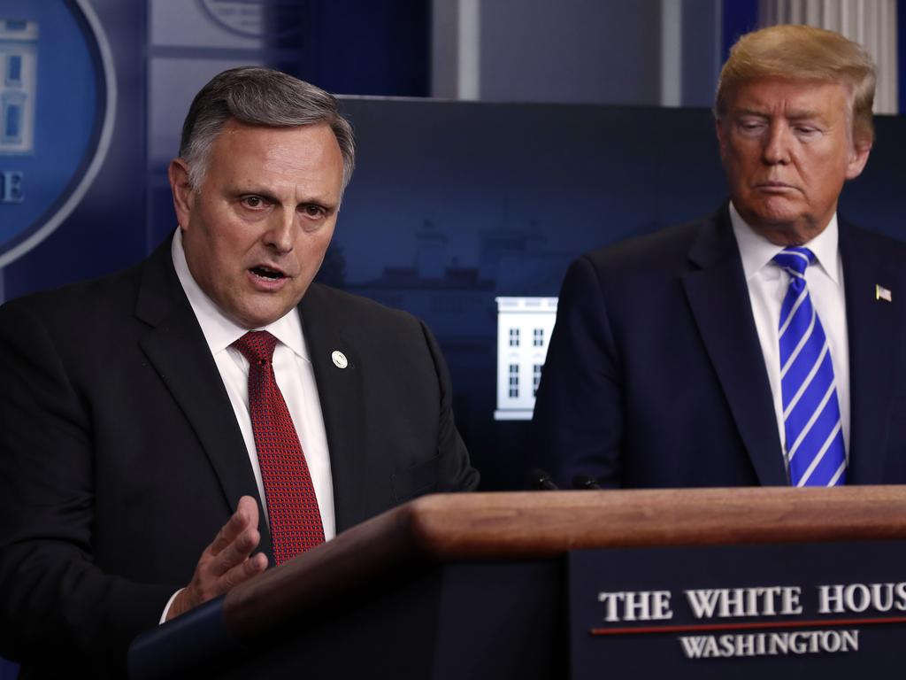 President Donald Trump listens as William Bryan, head of science and technology at the Department of Homeland Security, speaks about the coronavirus. Picture: Alex Brandon/AP