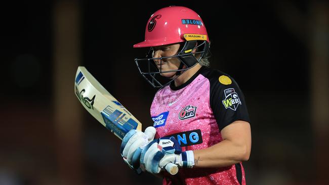 SYDNEY, AUSTRALIA - OCTOBER 19: Alyssa Healy of the Sixers comes off after being caught out by Annabel Sutherland of the Stars bowled by Sophie Day of the Stars during the WBBL match between Sydney Sixers and Melbourne Stars at North Sydney Oval, on October 19, 2023, in Sydney, Australia. (Photo by Mark Evans/Getty Images)