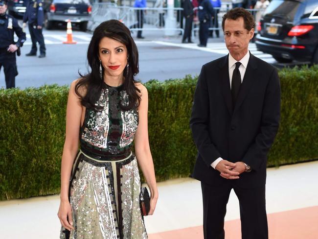 Anthony Weiner and Huma Abedin at the Costume Institute Benefit at The Metropolitan Museum of Art in New York in May, 2016. Picture: AFP PHOTO / TIMOTHY A. CLARY