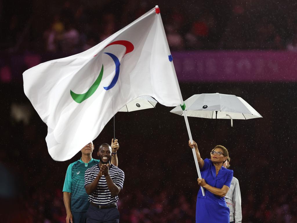 Mayor of Los Angeles Karen Bass waves the Paralympic Flag during the closing ceremony. Picture: Steph Chambers/Getty Images