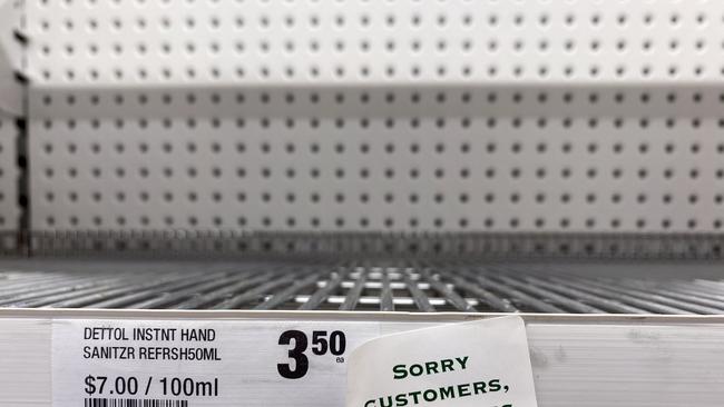 The shelves of many super markets in Brisbane are running low on hand sanitisers due to panic buying caused by the corona virus. Photo taken at Woolworths at the Gasworks AAP Image/Richard Gosling