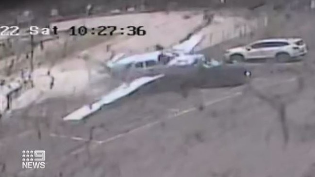 CCTV footage shows the plane crash landing. Picture: 9 NEWS,