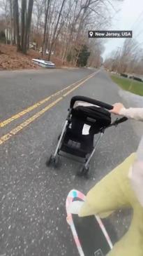 Cool mum skateboards while pushing pram