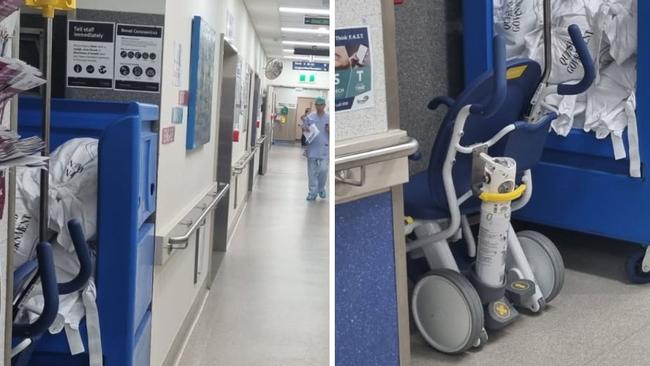 Photos supplied to Labor MP Tom Smith’s office by a Bundaberg Hospital employee show the corridor where a 94-year-old patient was told to wait for treatment. Mr Smith said the staff refused to comply with this direction at the time.