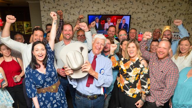2025 Federal Election Katter Party. Post polling day Katter Party members at Jam Restaurant in Townsville as the count begins. Bob celebrates with his supporters. Picture: Scott Radford-Chisholm