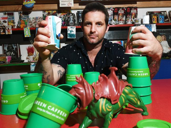 Green Caffeen are releasing a new style of renewable coffee cups, Madsnake Cafe owner Sam Weston is excited about the new Green Caffeen initiative which he hopes will see the demise of disposable cups. Picture Katrina Bridgeford.