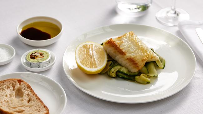 Seared Glacier 51 Toothfish with zucchini ribbon, lemon and Cobram Estate Hojiblanca extra virgin oil for first class passengers. Picture: Supplied