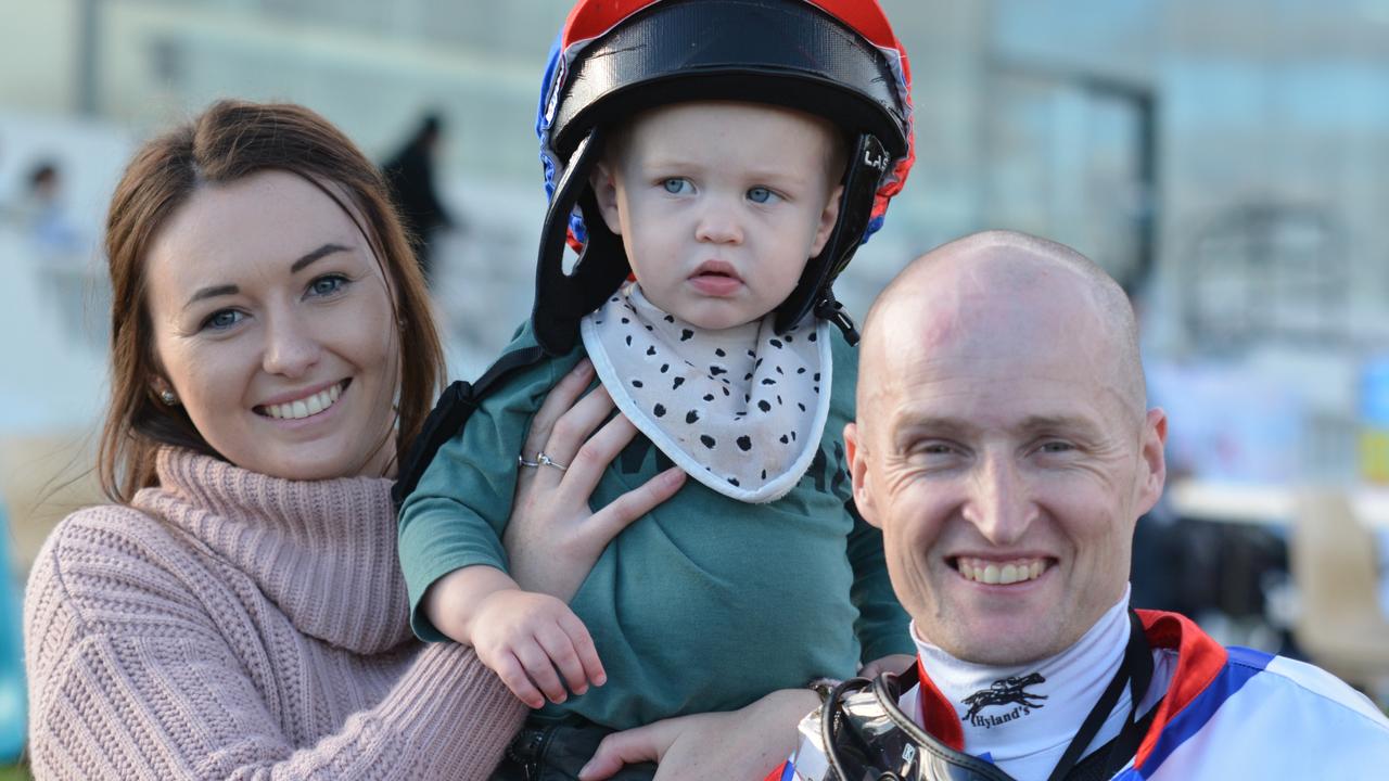 MERCURY TASMANIA, SPORT, HORSE RACING. PETER STAPLES COLUMN, SATURDAY, APRIL 20, 2019. Craig Newitt with his son Raine with the jockey's partner Breaana Smith