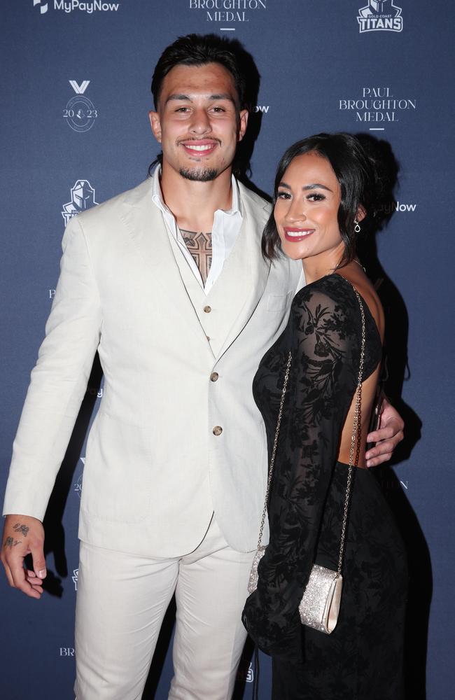 Gold Coast Titans 2023 Paul Broughton Medal Awards Night at The Star. Tino Fa'asuamaleaui &amp; Jordan Ngarimu . Picture Glenn Hampson