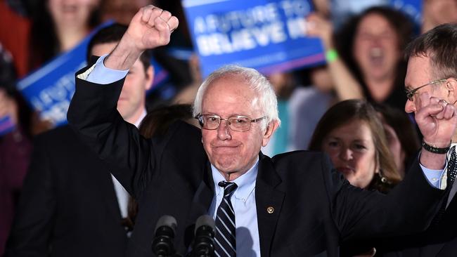 Democratic presidential candidate Bernie Sanders celebrates victory during a primary night rally in New Hampshire. Picture: AFP/Jewel Samad