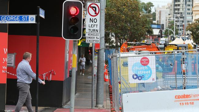 The construction zone at the Church St, near George St. Picture: Richard Dobson