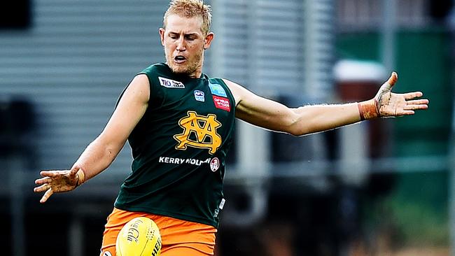 St Mary's ruckman Ryan Smith gets boot to ball. Picture: Keri Megelus