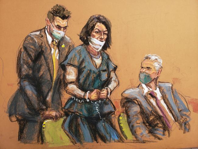 A courtroom sketch shows Ghislaine Maxwell in shackles at a pre-trial hearing ahead of jury selection in early November. Picture: Reuters/Jane Rosenberg