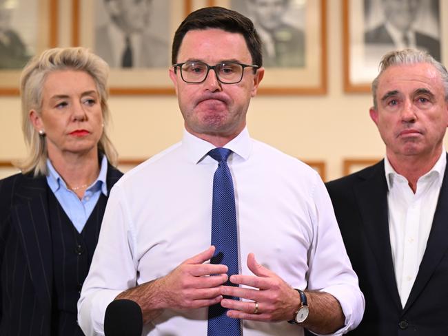 Nationals Senate Leader Bridget McKenzie, Leader David Littleproud and Deputy Leader Kevin Hogan speaking to the media. Picture: Lukas Coch