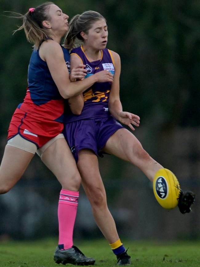 VAFA: Coburg’s Isabella Hayes lays a big bump. Picture: Andy Brownbill