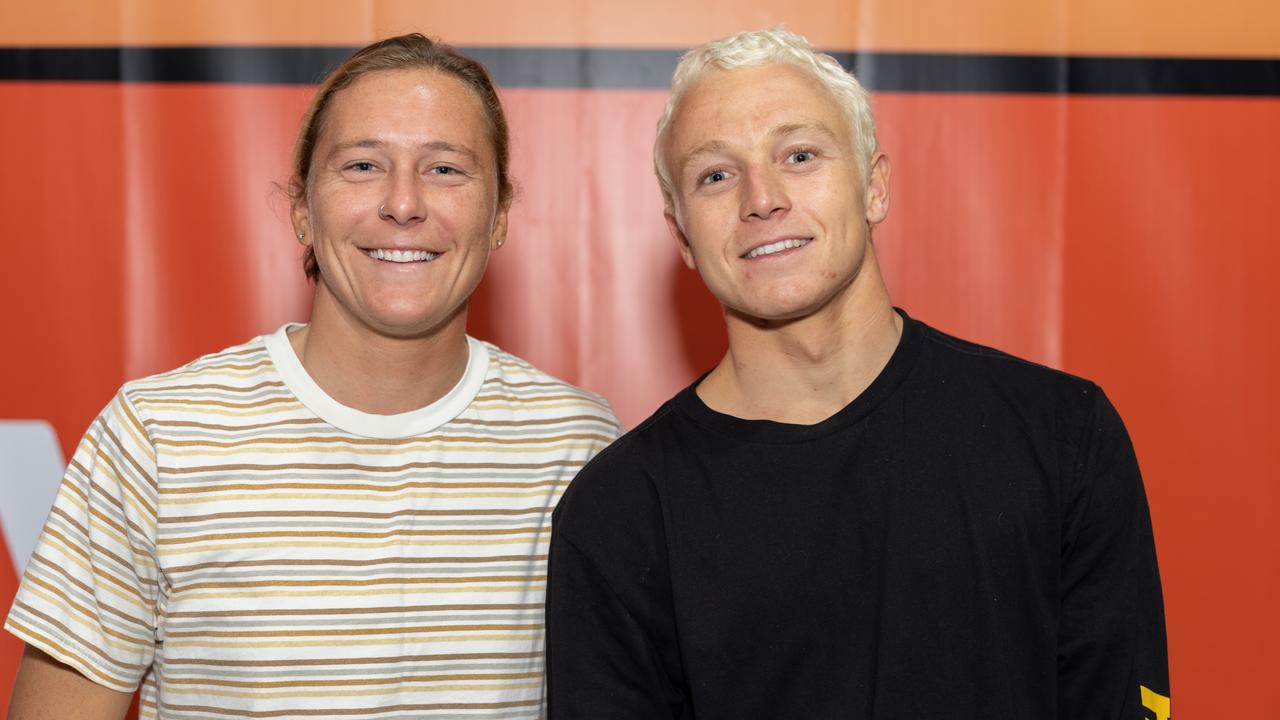 Sarah Baum and Daniel Emslie with The Pulse at Boost Mobile Gold Coast Open 2023 Athletes and Co Pre-Comp Feast, May 5 2023. Picture: Celeste Humphrey